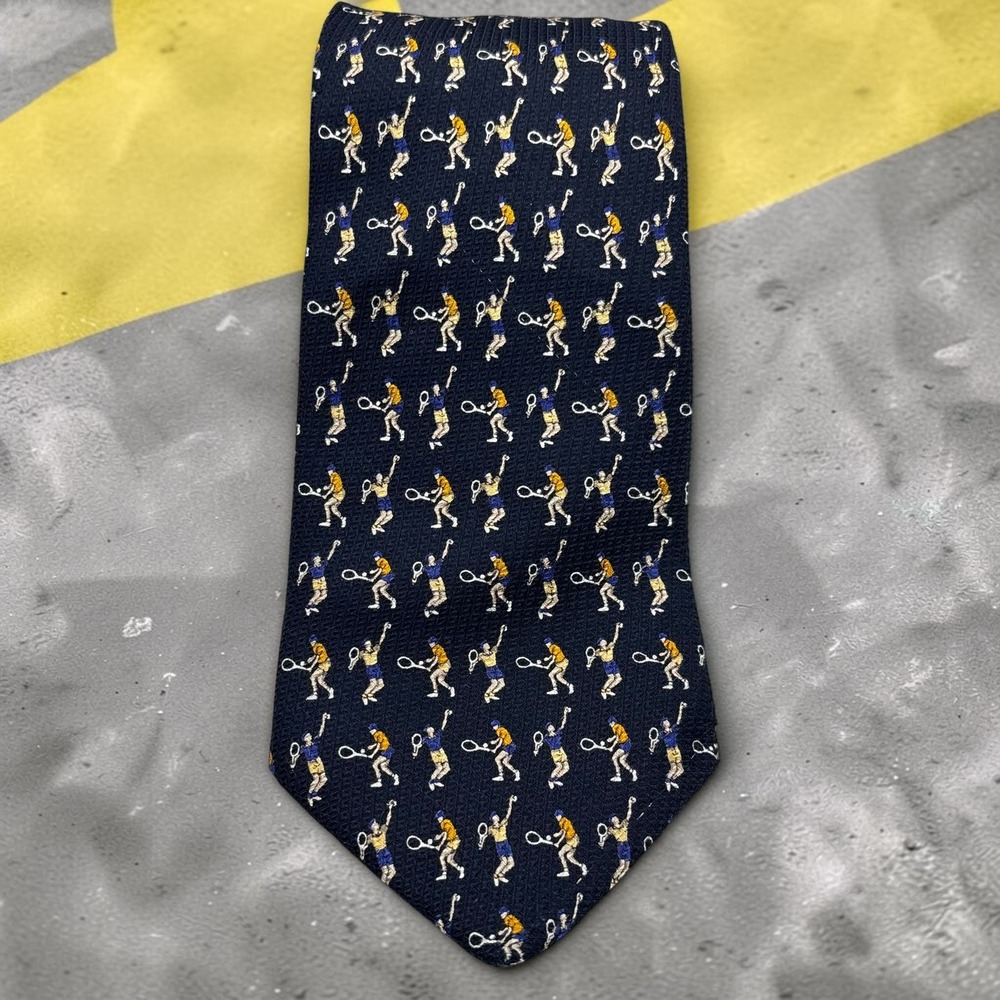 Vintage Necktie F.lli Segatori Roma Navy Blue 100% Silk Tennis Player Motif